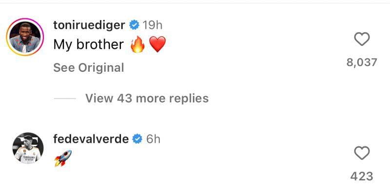 Antonio Rudiger and Federico Valverde's comments of Rodrygo's Instagram post
